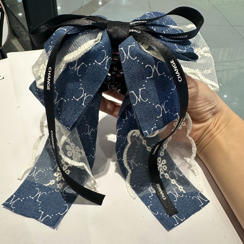 คลิปผมหางม้าลายโบว์สีฟ้า แบบเกาหลี สไตล์หวานสำหรับหญิง - รูปที่ 4