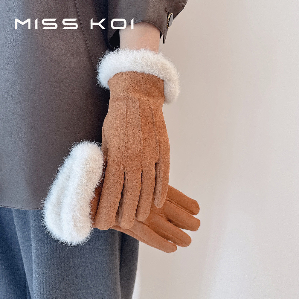 MISSKOI ฤดูหนาวที่อบอุ่นขนสัตว์ขนแกะเย็บเลียนแบบกระต่ายขนสัตว์ขนแกะถุงมือหญิงแยกนิ้วหน้าจอสัมผัสขับรถกลางแจ้ง Ri
