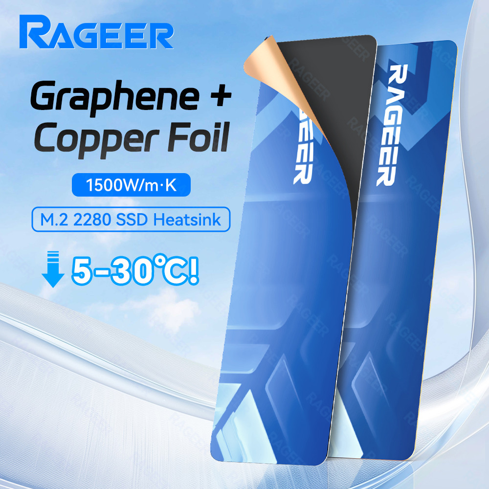 RAGEER M.2 2280 SSD Graphene + ทองแดง + แผ่นความร้อน Triple-Layer 0.5 มม. High-Conductivity Cooler สําหรับแล็ปท็อป/PCs/PS5, 2PC/5PC