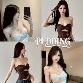 PUDDING พร้อมส่ง เสื้อเกาะอก ดีไซน์เข้ารูปช่วงเอว ดีเทลผ้าหยนๆเว้าเอวเซ็กซี่ไม่ไหวเกาหลี-FY2891