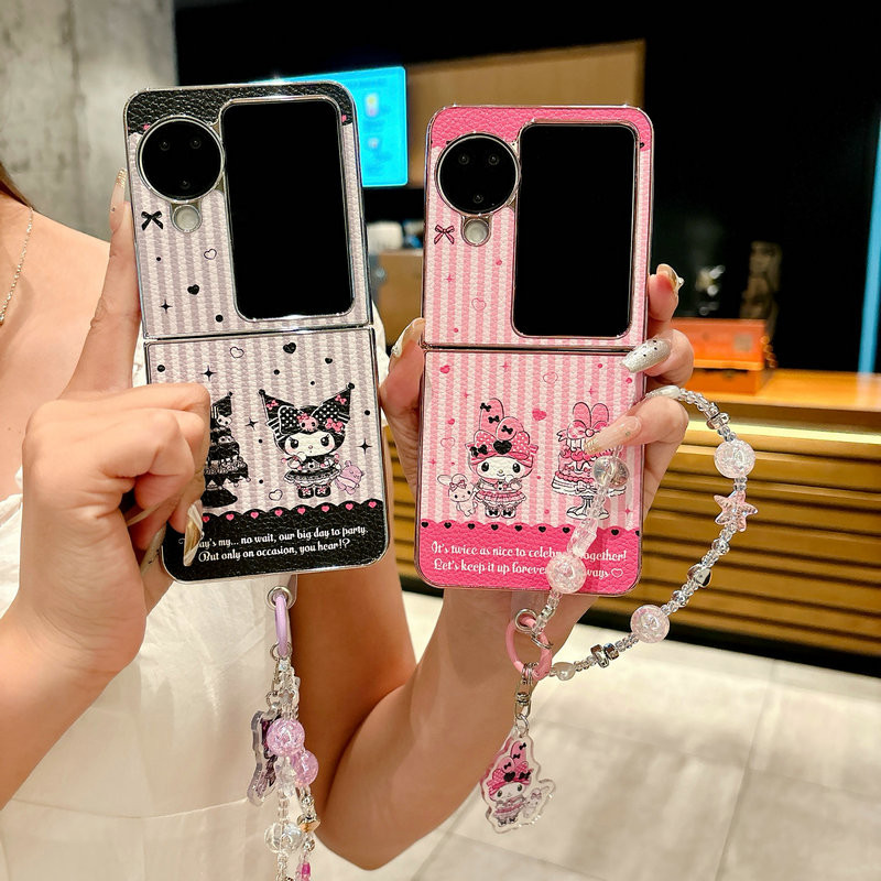 เคสโทรศัพท์แบบพับได้สําหรับ Oppo Find N2 N3 Flip หนังพลิกเคลือบด้วยไฟฟ้าลาย Kuromi Tag สร้อยข้อมือ Hard TPU เคสโทรศัพท์