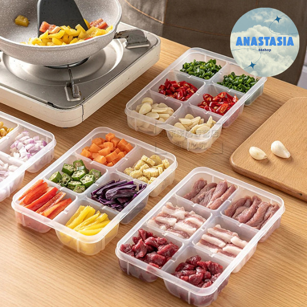 🍇anastasia_66.shop🍇 กล่องเก็บอาหาร พลาสติก กล่องถนอมอาหาร 4/6 ช่อง พร้อมฝาปิด เก็บอาหารอเนกประสงค์