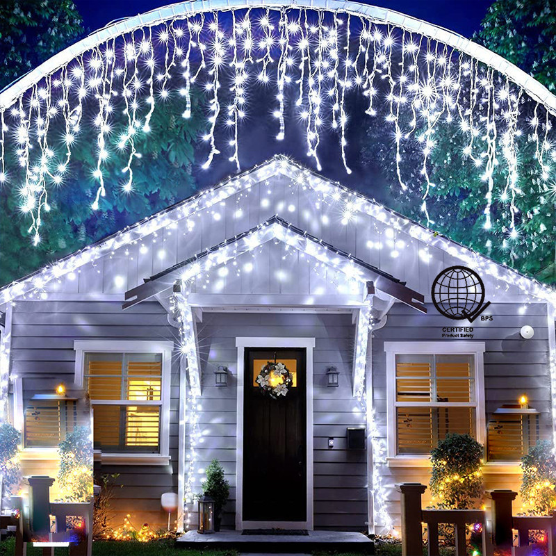 พร้อมสต็อกกันน้ํา 8 โหมด Fairy Curtain String Light Lampu Raya พลังงานแสงอาทิตย์ Icicle ผ้าม่านไฟ 220 V LED คริสต์มาสไฟวันหยุดชายคาตกแต่ง with16Drops สําหรับ Garden