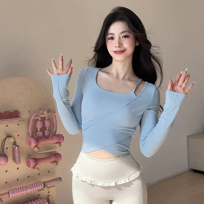 Autumn Winter False-Two-Piece Exercise Yoga Clothes Top Long Sleeve Chest Pad Gym Pilates Training Running Fitness Clothes GtxI