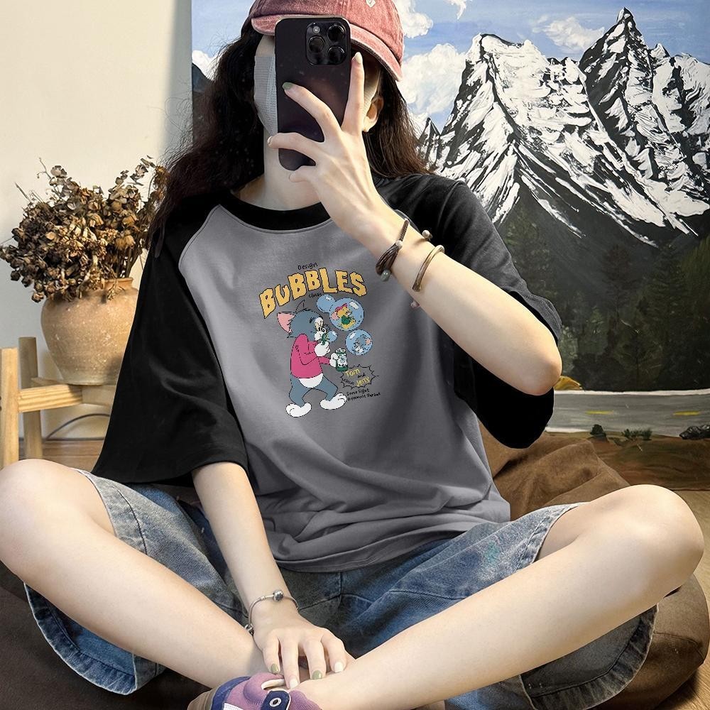 Krazy Shop เสื้อยืดทูโทน เสื้อยืดโอเวอร์ไซต์ เสื้อยืดแฟชั่น T-shirt เสื้อคู่ วินเทจ เสื้อยืดคอกลมลาย