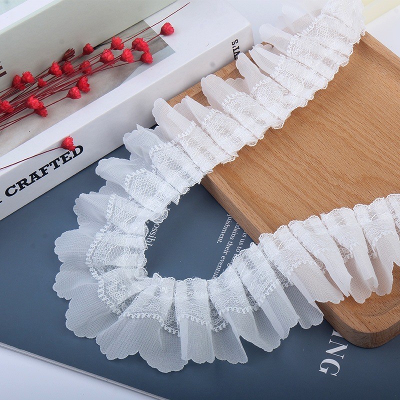 1m Double-LayerชีฟองจีบรวบรวมRuffleตาข่ายลูกไม้TrimชุดFluffy Hemlineเย็บDIY Craft Headwearหมวกคอผ้าก