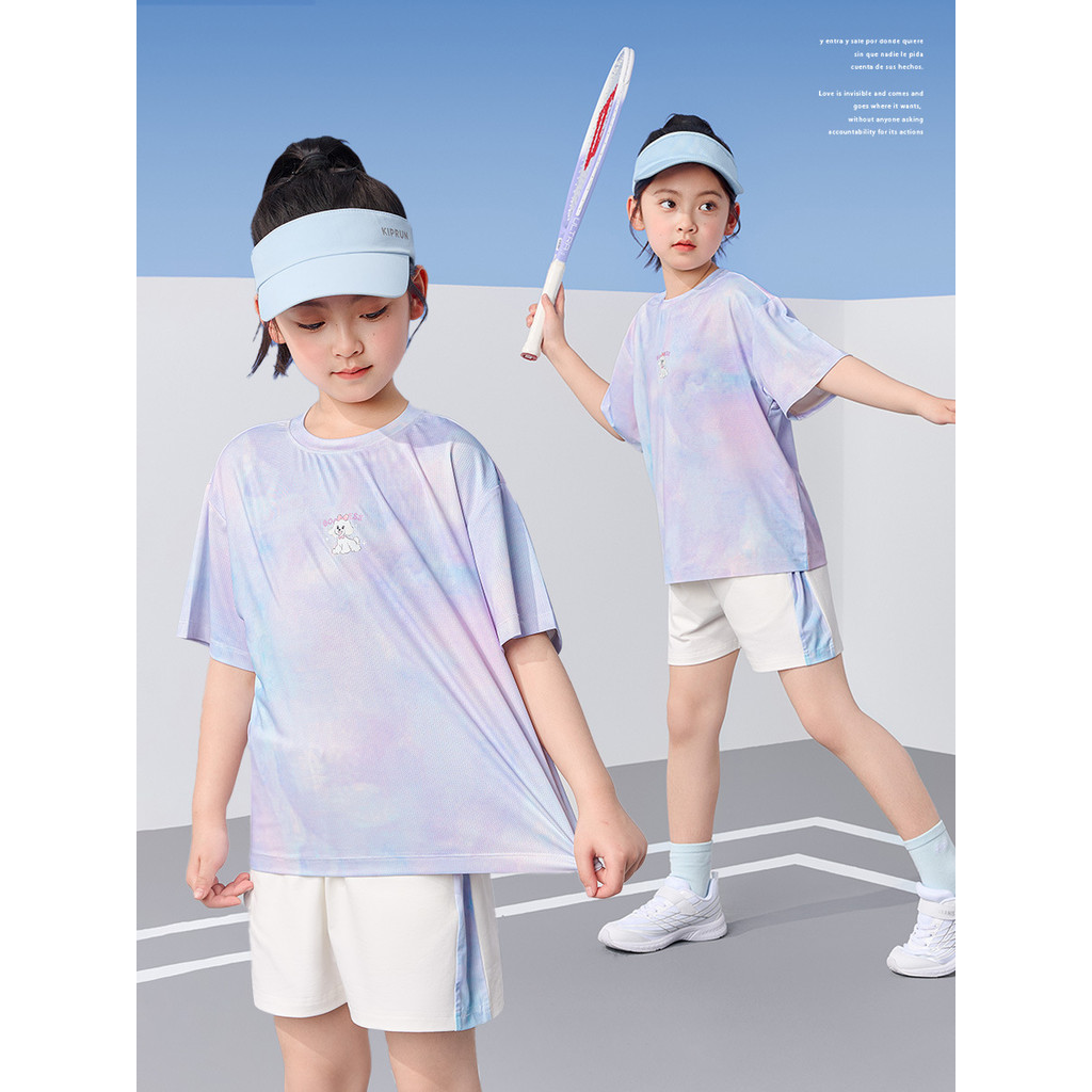 ชุดเสื้อเทนนิสแบดมินตันเด็กผู้หญิงแขนสั้นไล่ระดับสี แห้งเร็ว พร้อมกางเกงขาสั้น ชุดสองชิ้น
