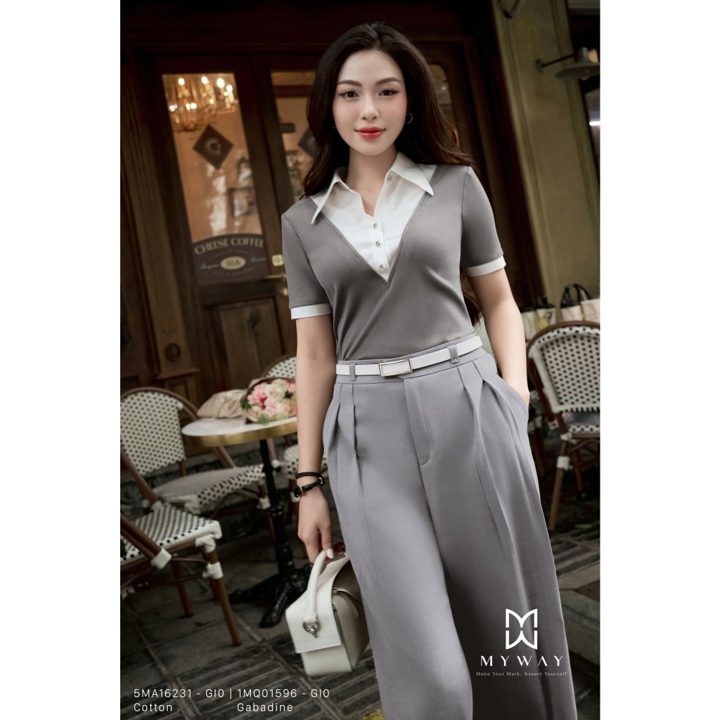 MY WAY เสื้อยืดผู้หญิงคอปกเยอรมันผ้าฝ้ายแขนสั้น Elegant Hem 5MA16231