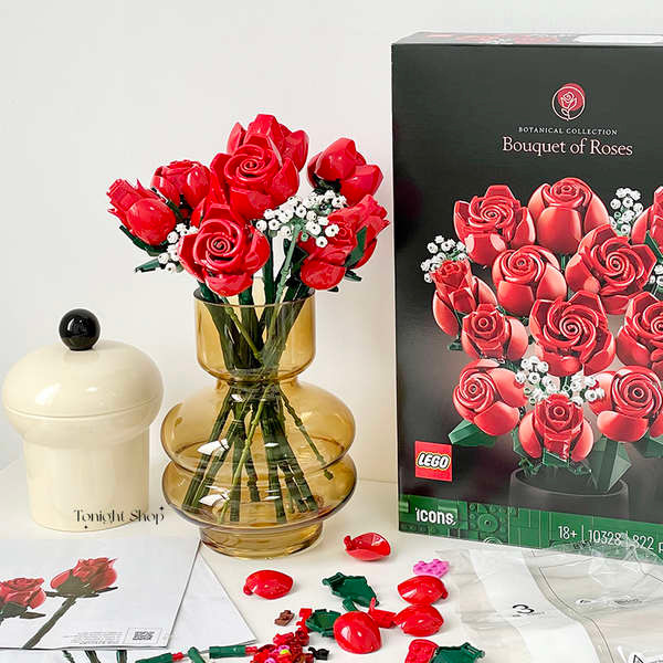 flower lego lego flower เลโก้กุหลาบแจกัน10328ช่อสีเหลืองอําพันแจกันแก้วเดสก์ทอปที่บ้านการจัดดอกไม้เค