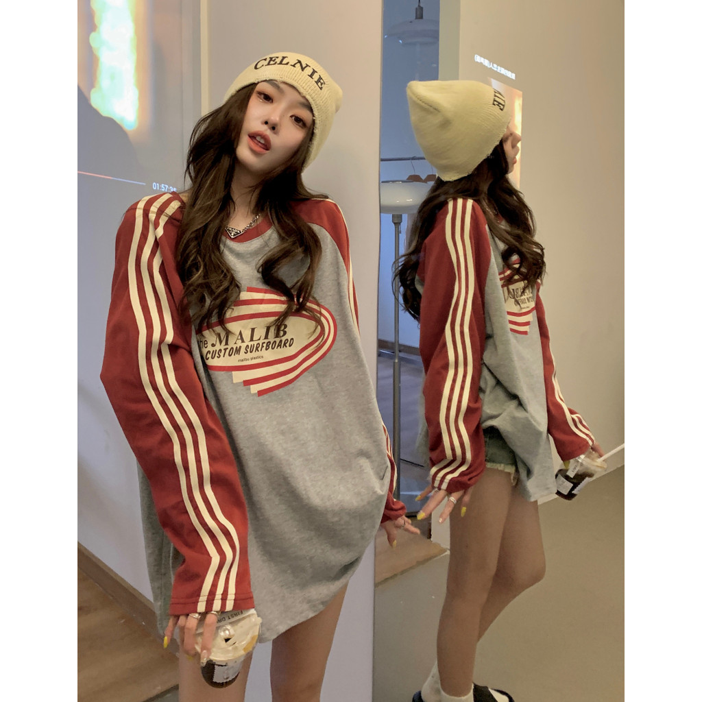 TAYCEN M-2XL ผู้หญิง เสื้อยืด แขนยาว ลาย พิมพ์ oversize