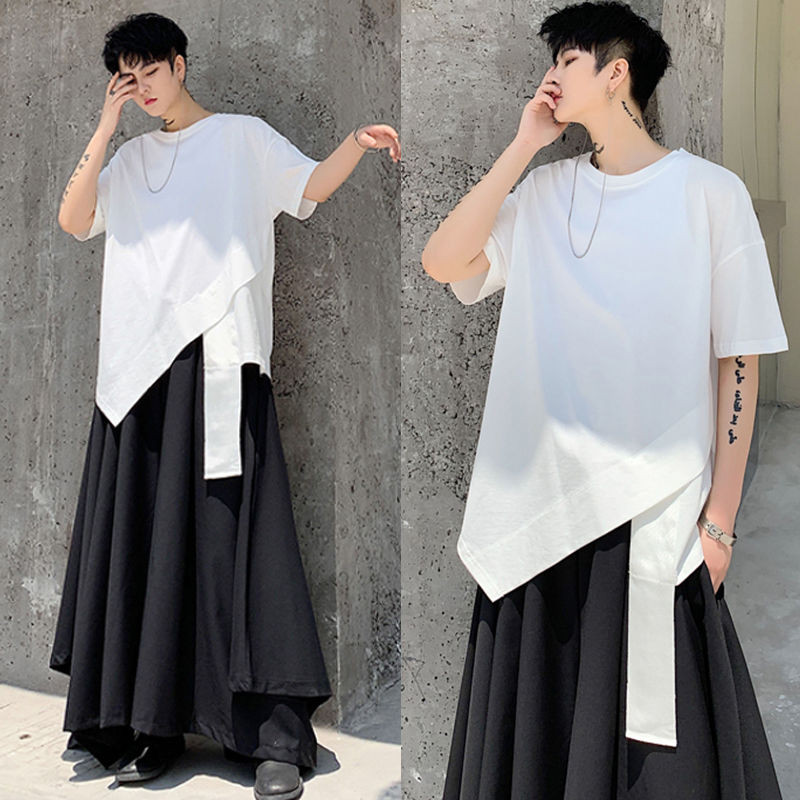 Yoji Yamamoto Dark สไตล์ Niche Yoji ไม่สม่ําเสมอ High-End รอบคอเสื้อยืดช่างทําผมแขนสั้นฤดูใบไม้ผลิฤด