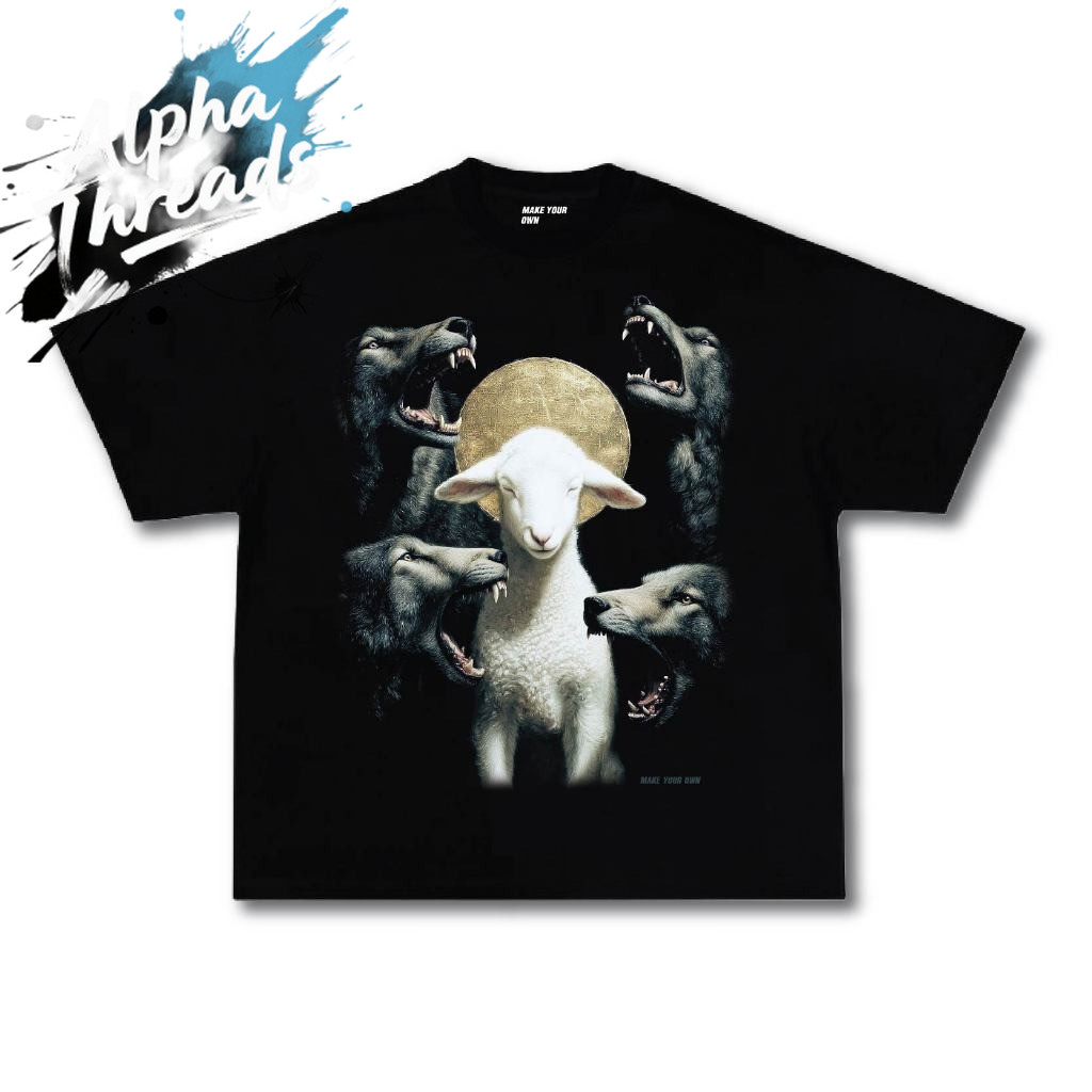 (จัดส่งตลอด 24 ชั่วโมง)Alpha Threads เสื้อ  Wolfpack and Sheep คอชิด วินเทจOVERSIZE  สกรีนแบบ ดีที่ส