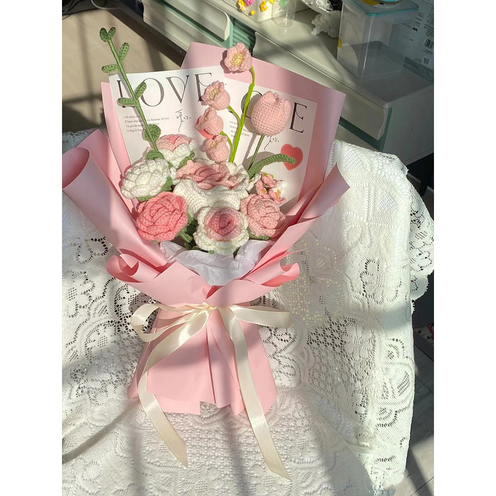 Rose diy Creative Girlfriend Knitting Valentine's Day Crochet Artificial Flower Tulip Bouquet Yarn L
