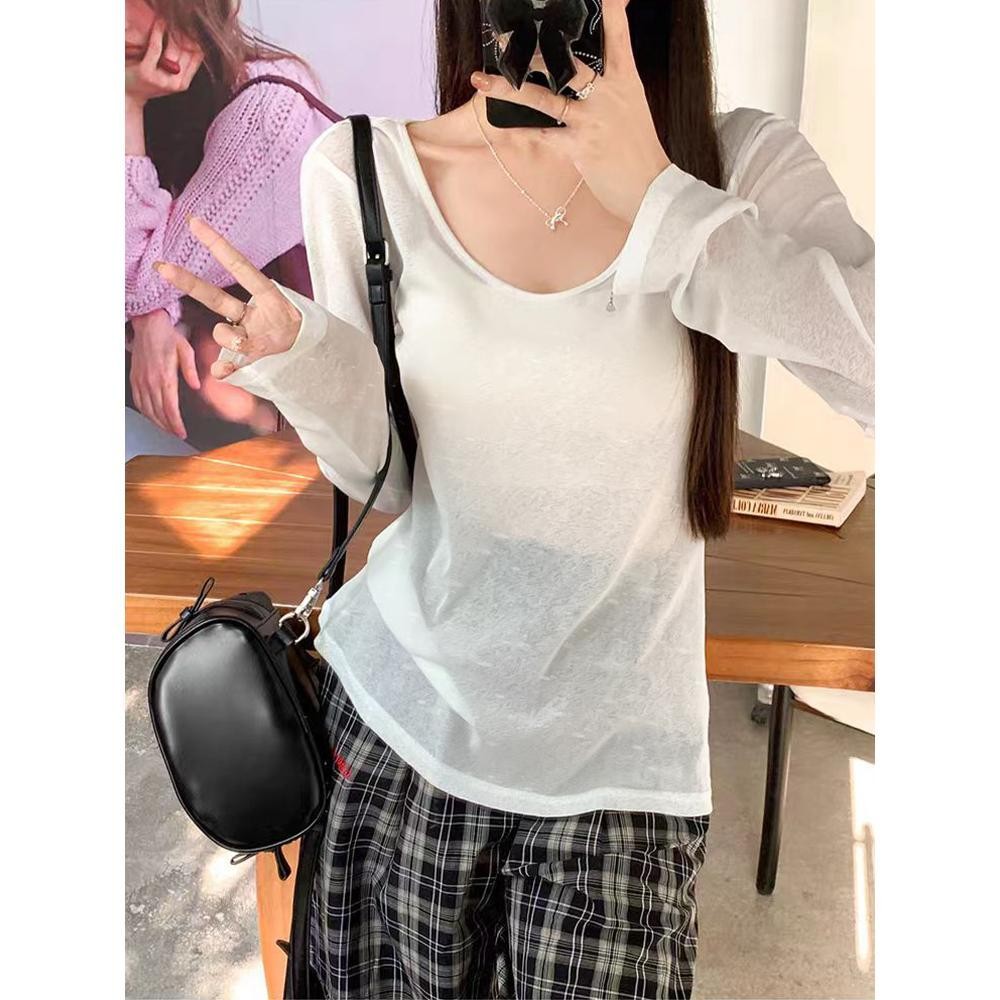 MOESSQUEEN มอสส์ ราชินี เสื้อยืดแขนยาวสีขาว ระบายอากาศดี แบบคอวี สไตล์เกาหลีสำหรับช้อปปิ้งและคาเฟ่ #63236