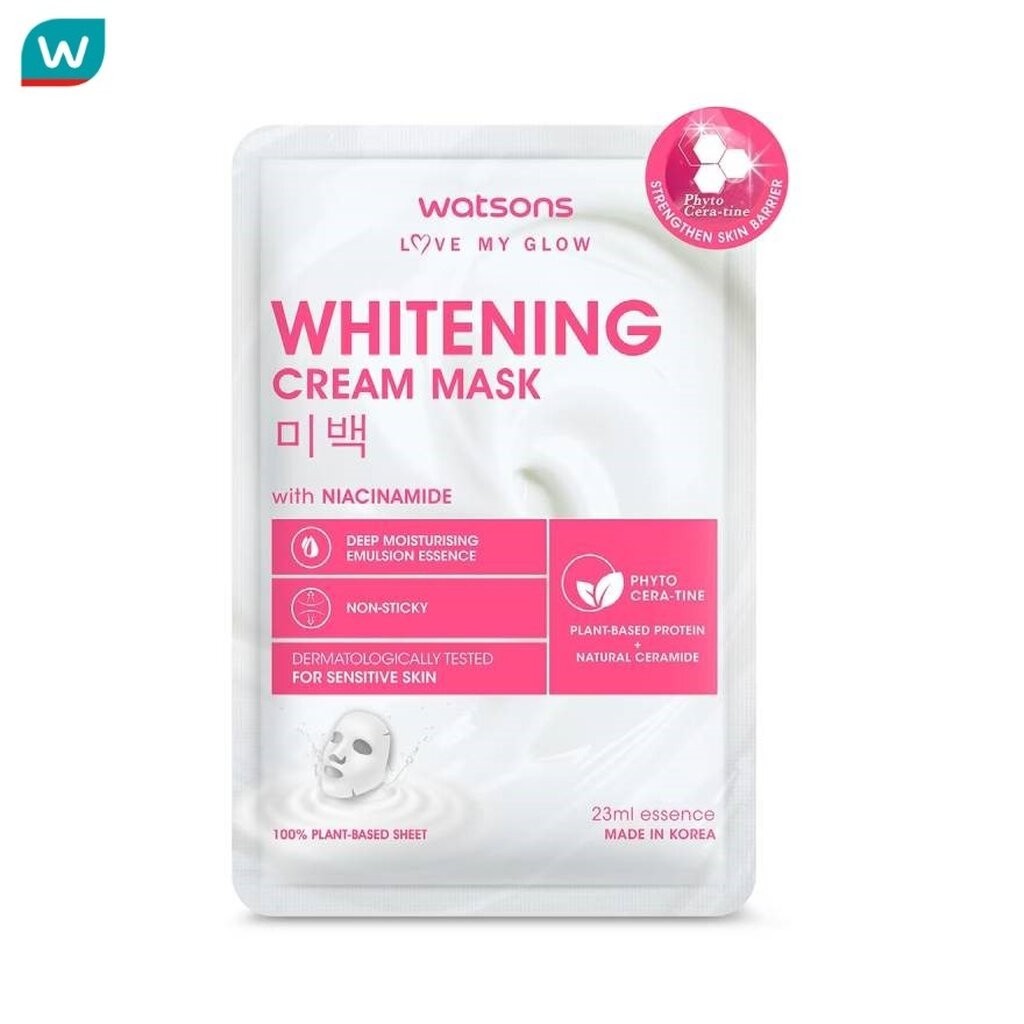 Watsons วัตสัน ไวท์เทนนิ่ง ครีม มาสก์ แผ่นมาสก์บำรุงผิวหน้า 1 แผ่น.