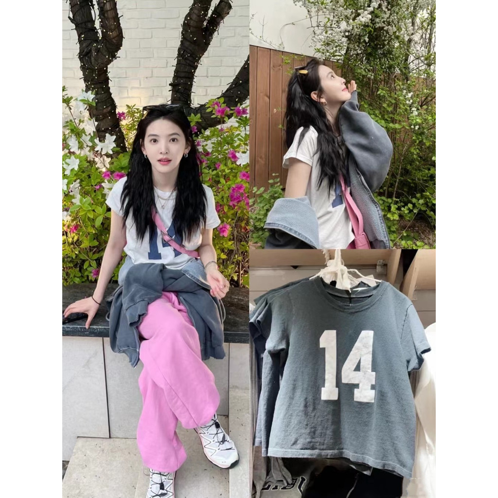 สาวบรั่นดี Zhang Ruonan สไตล์เดียวกัน 14 พิมพ์เสื้อยืดหญิง BM อเมริกันสั้นหลวมแขนสั้นด้านบน