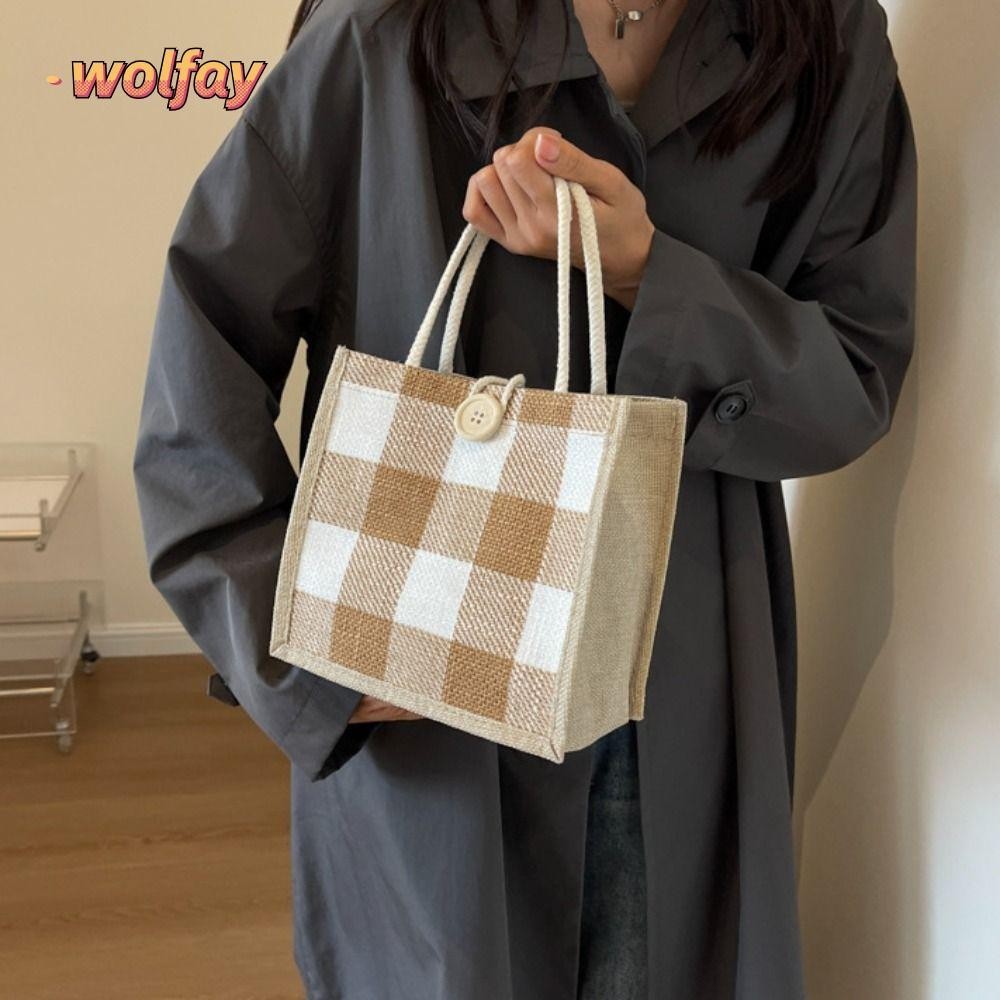 Wolfay กระเป๋าใส่ข้าวกลางวัน, ผ้าลินินกระเป๋าหิ้วแบบใช้ซ้ําได้, แฟชั่น Lattice ปุ่มซิปถุงของขวัญความจุขนาดใหญ่วันเกิดงานแต่งงาน