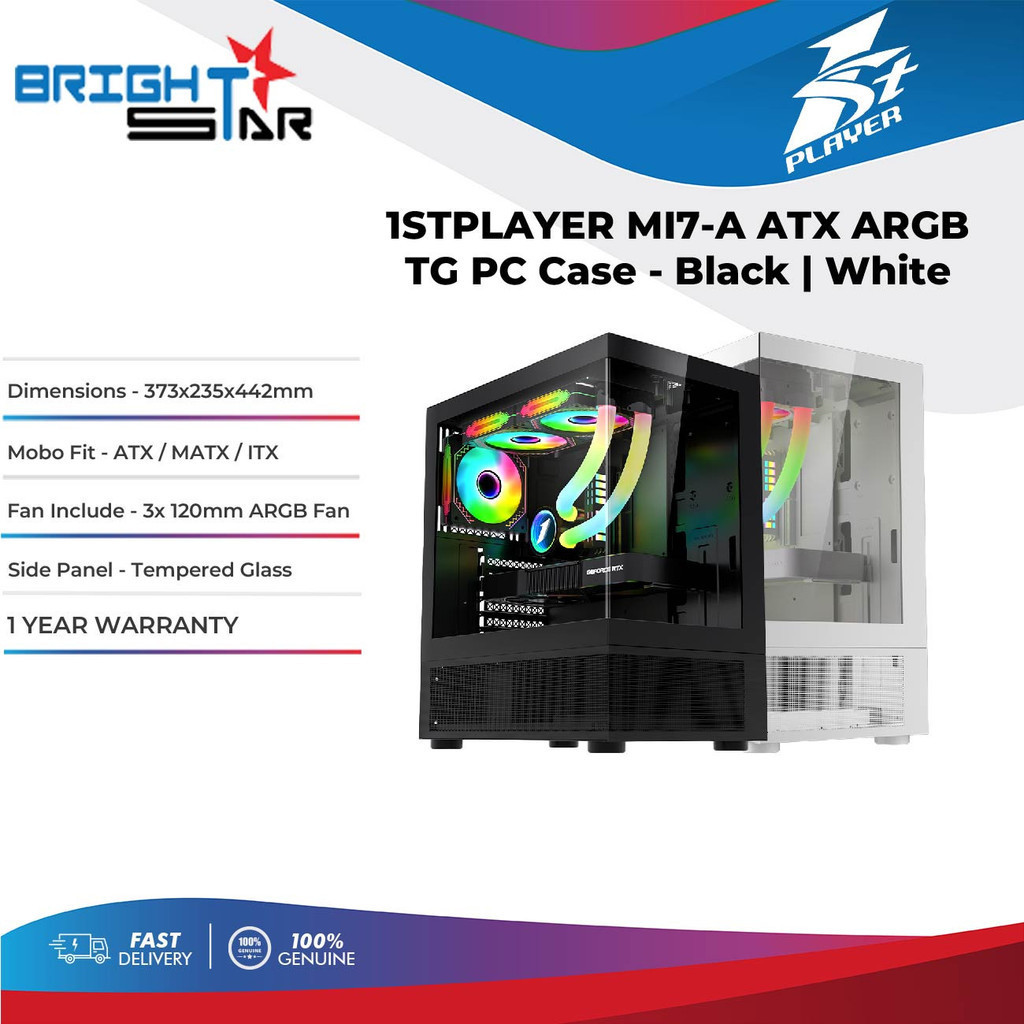 1STPLAYER MI7-A ATX TG 3x 120 มม. ARGB Fans PC Case - สีดําสีขาว