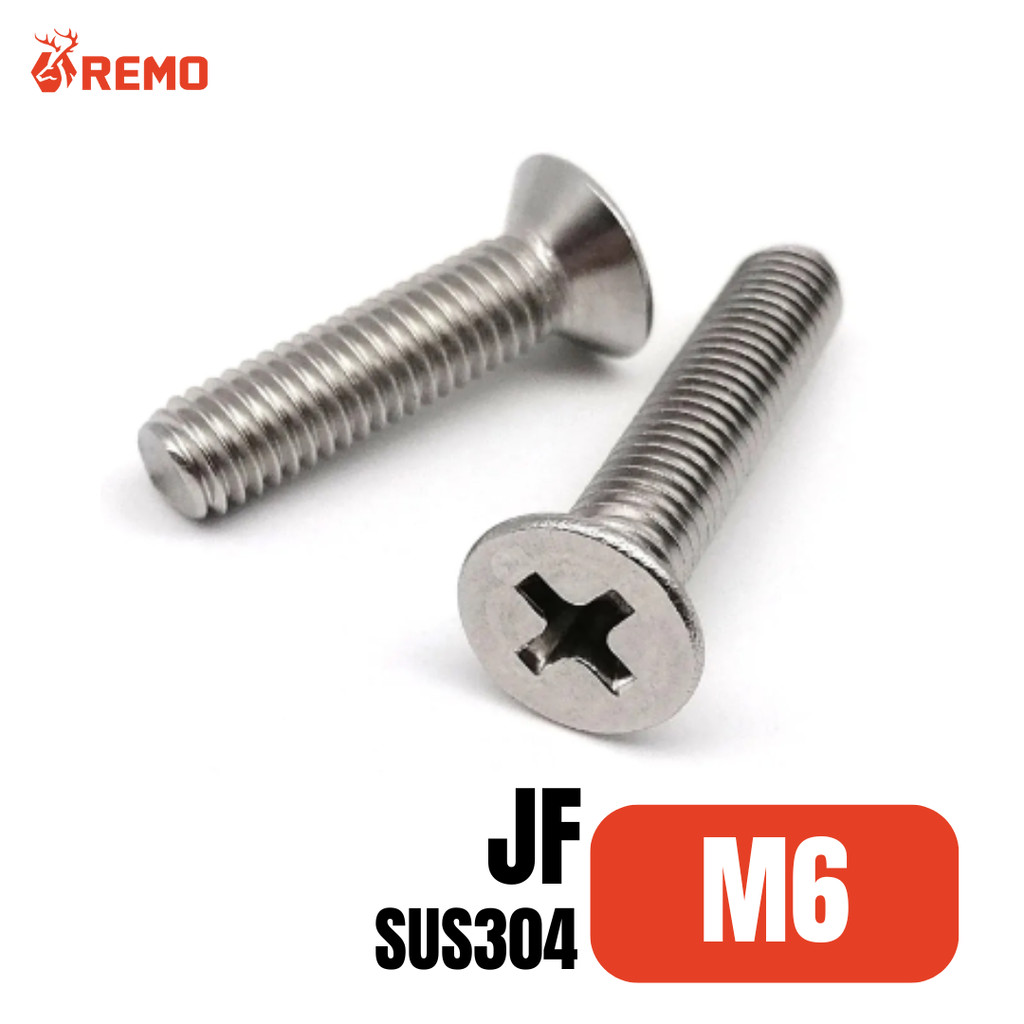 สกรูมิลหัวเตเปอร์สแตนเลส (JF) สกรูมิลหัวเตเปอร์ SUS304 M6 เกลียวตลอด เกลียว 1.00 mm. (ความยาว 55 mm.