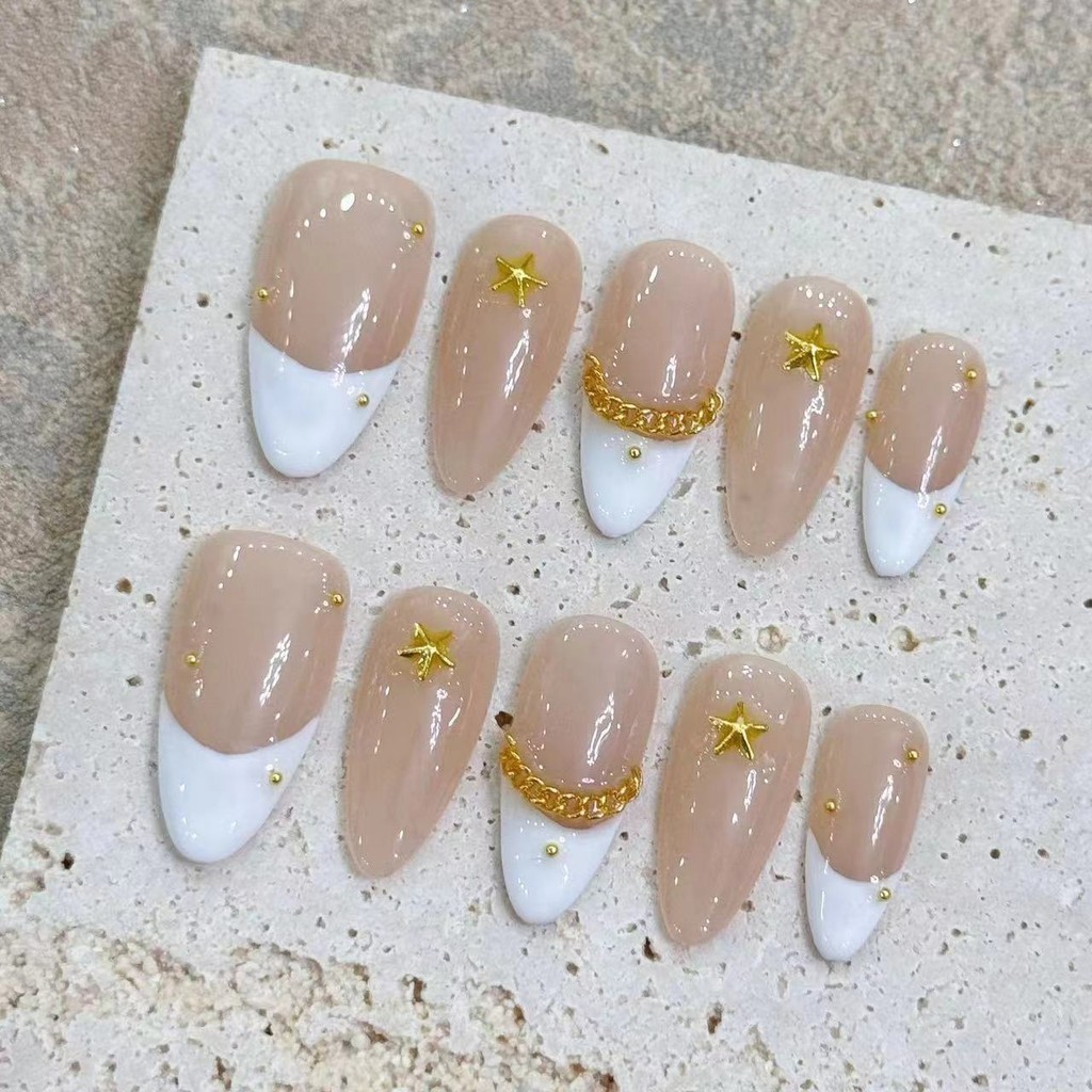 HANDMADEArtificial Nail Almond Shape White French Phototherapy Nails เล็บปลอมเล็บนํากลับมาใช้ใหม่และ