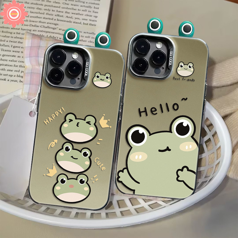 การ์ตูน Happy ตลกกบ 3D ตุ๊กตาหูคู่ปลอกสําหรับ IPhone 15 11 13 14 12 Pro Max 7Plus XR XS Max X 7 15 8 14 Plus SE 2020 โลหะหรูหราเลนส์สร้อยข้อมือกรณี