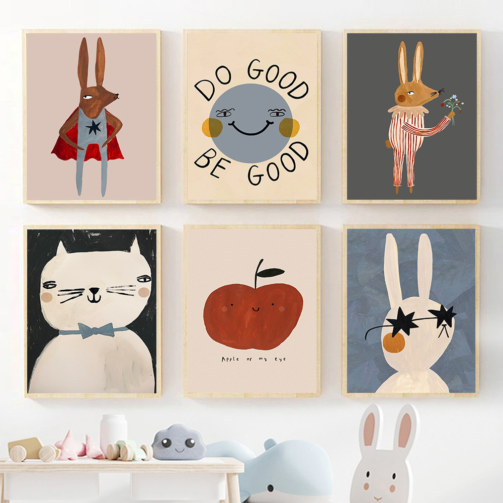 การ์ตูนตลกกระต่ายหมีสัตว์ Wall Art ภาพวาดผ้าใบ Nordic คําคมโปสเตอร์พิมพ์ภาพเนอสเซอรี่เด็กทารกตกแต่งห้อง