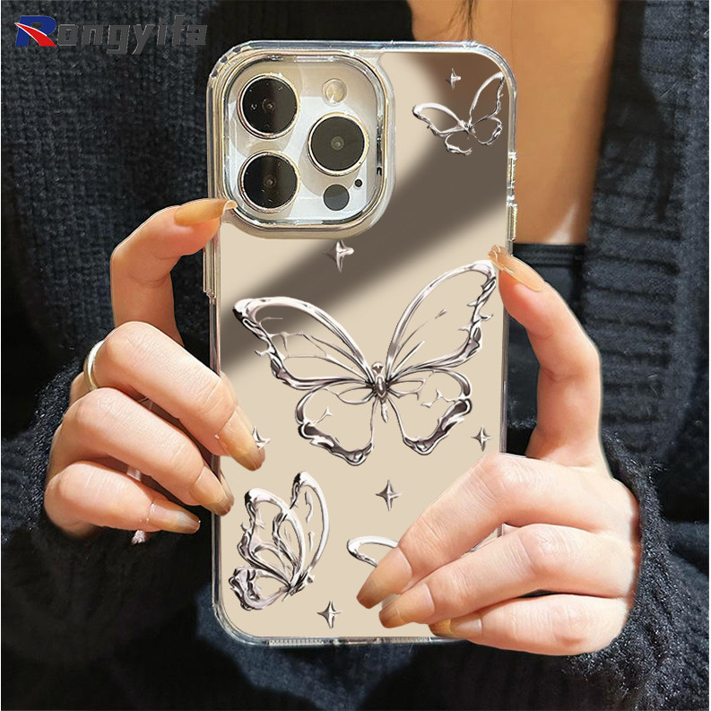 Insสไตล์โลหะผีเสื้อกระจกเคสโทรศัพท์สําหรับxiaomi 14 13T 12T 12S 11T 13 12 Mi 11 Lite 12X Ultra Civi 2 Poco X3 X4 M4 Pro Redmi K60 K50 Ultra 5Gปลอกอ่อนElectroplatedฝาครอบ
