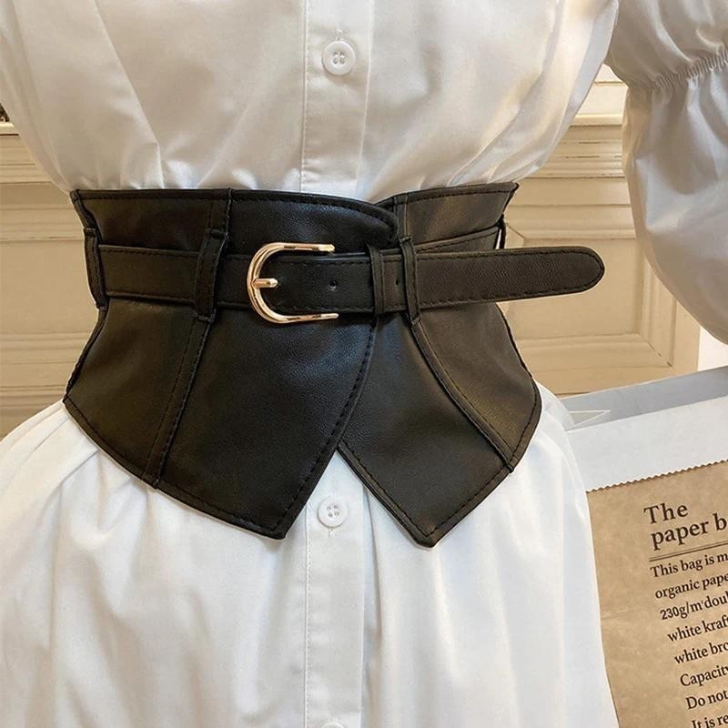 แฟชั่น Elastic Corset ผู้หญิงกว้างเข็มขัดเซ็กซี่ Slimming Body Waistband สีดํา PU เข็มขัดหนังเสื้อชุดตกแต่ง Girdle สายคล้อง