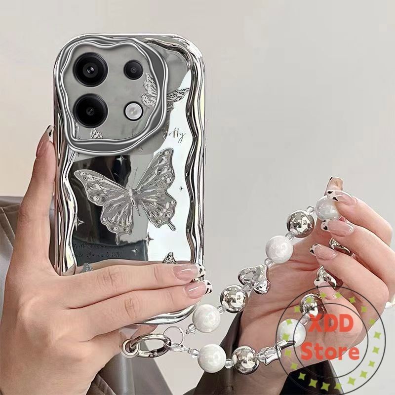 เคสกระจก Redmi Note 13 Pro 5G เคสโทรศัพท์ผีเสื้อไม่มีเคสโทรศัพท์มือถือสีเหลืองพร้อมสร้อยข้อมือ