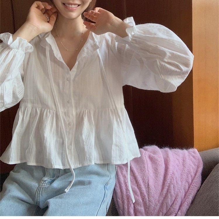 ซูซี หวานฤดูใบไม้ร่วงสบายๆฝรั่งเศสที่เรียบง่ายใหม่หลวมแขนยาวเสื้อด้านบนของผู้หญิง 240726