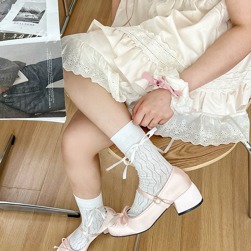 ส่งเร็ว🌼ถุงเท้าข้อยาว ลูกไม้โบว์ริบบิ้น แบบบาง สไตล์ญี่ปุ่น หวานแฟชั่น ถุงเท้าสำหรับผู้หญิง-Ranliyy