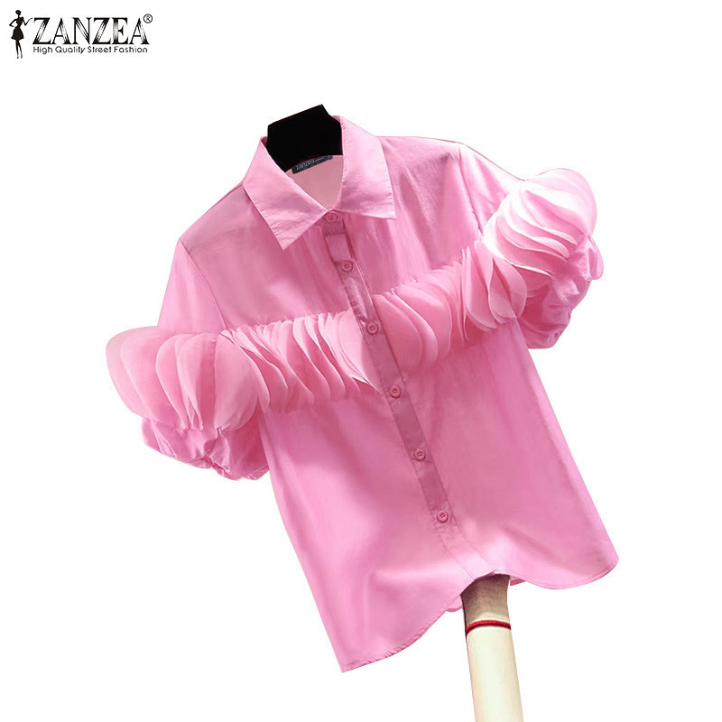 Zanzea เสื้อเชิ้ตแขนสั้นรูปตัว H สําหรับผู้หญิงแฟชั่นเกาหลี Splicing Lace Ruffle Edge H