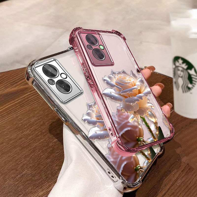 พร้อมฟิล์มเลนส์เคสสําหรับOppo Reno 7z 5g reno 8z 5Gล่าสุดเคสโทรศัพท์ชุบไฟฟ้าการ์ตูนคริสตัลRoseรูปแบบAnti Dropและกันกระแทกโทรศัพท์เคสนุ่ม