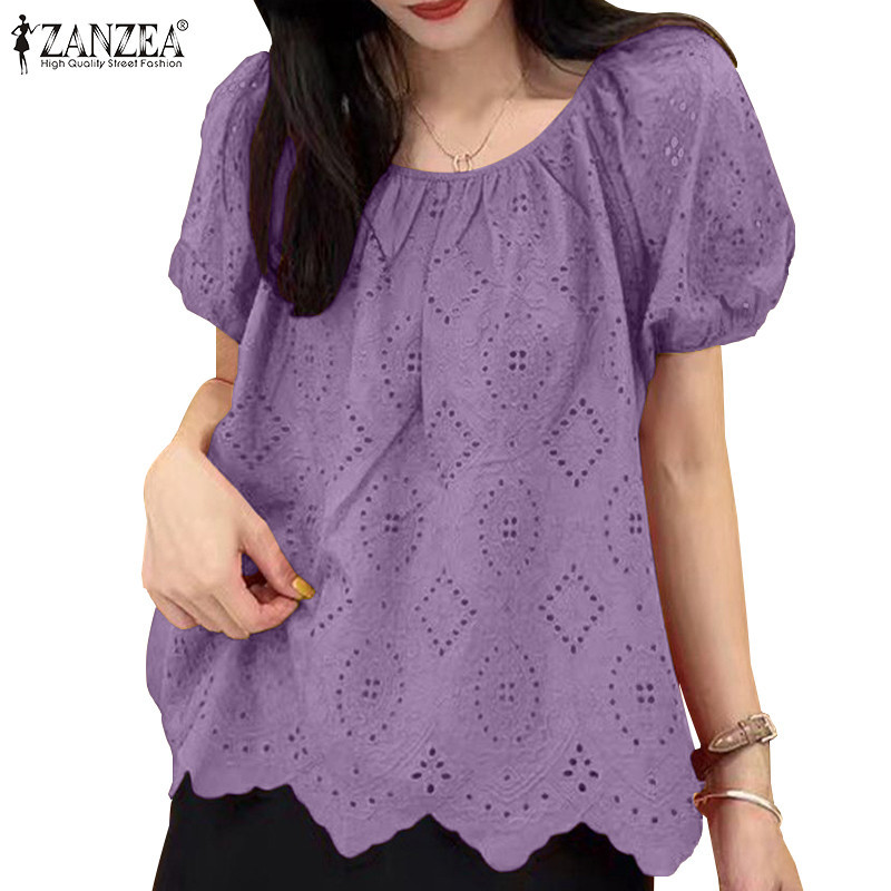 ZANZEA ซานเซีย ผู้หญิงแฟชั่นเกาหลีเย็บปักถักร้อยรอบคอ แร็กแลน แขนเสื้อ