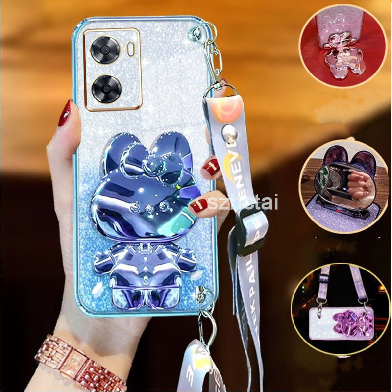 เคส OPPO A57 4G 2022 A57 2022 5G A77 A77S A57E สายรัดข้อมือยาวสไตล์กระต่ายเครื่องสําอางที่วางยึดกระจกหรูหราเคสโทรศัพท์ tpu นุ่มฝาหลัง เคสโทรศัพท์ OPPO A57 4G 2022 A57 2022 5G A77 A77S A57E