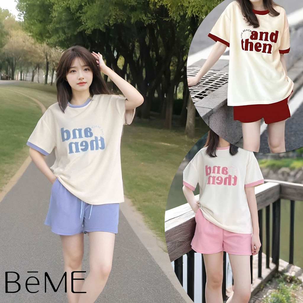 ชุดเซ็ตลำลอง2ชิ้นผู้หญิง สไตล์ชิลล์ๆ เสื้อสีขาวพิมพ์ลายอักษร+กางเกงขาสั้น ผ้าบางเบาใส่สบาย