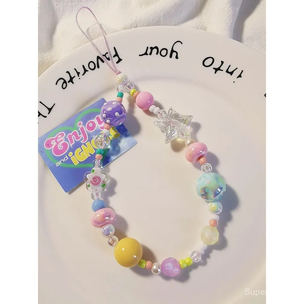 เคสมือถือสำหรับห่วงโซ่ INS เคสมือถือลายการ์ตูนน่ารักเชือกเส้นเล็กทำด้วยมือ DIY ลูกปัดห้อยกล้องจี้โทรศัพท์มือถือสายคล้อง zkie
