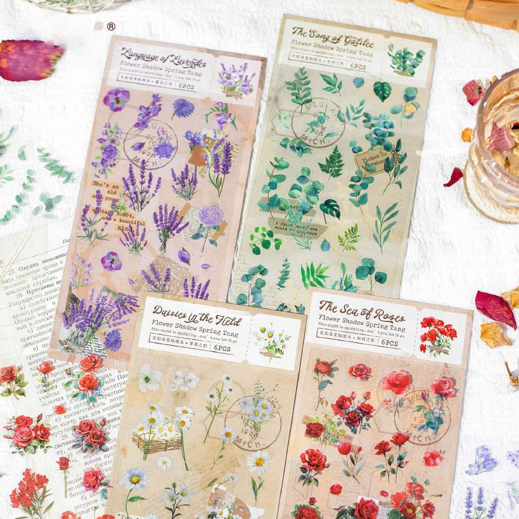 Journamm 6 แผ่นพืชดอกไม้สติกเกอร์ PET วัสดุ DIY Scrapbooking Art Collage Junk Journal เครื่องเขียน Planner Decor ไดอารี่สติกเกอร์