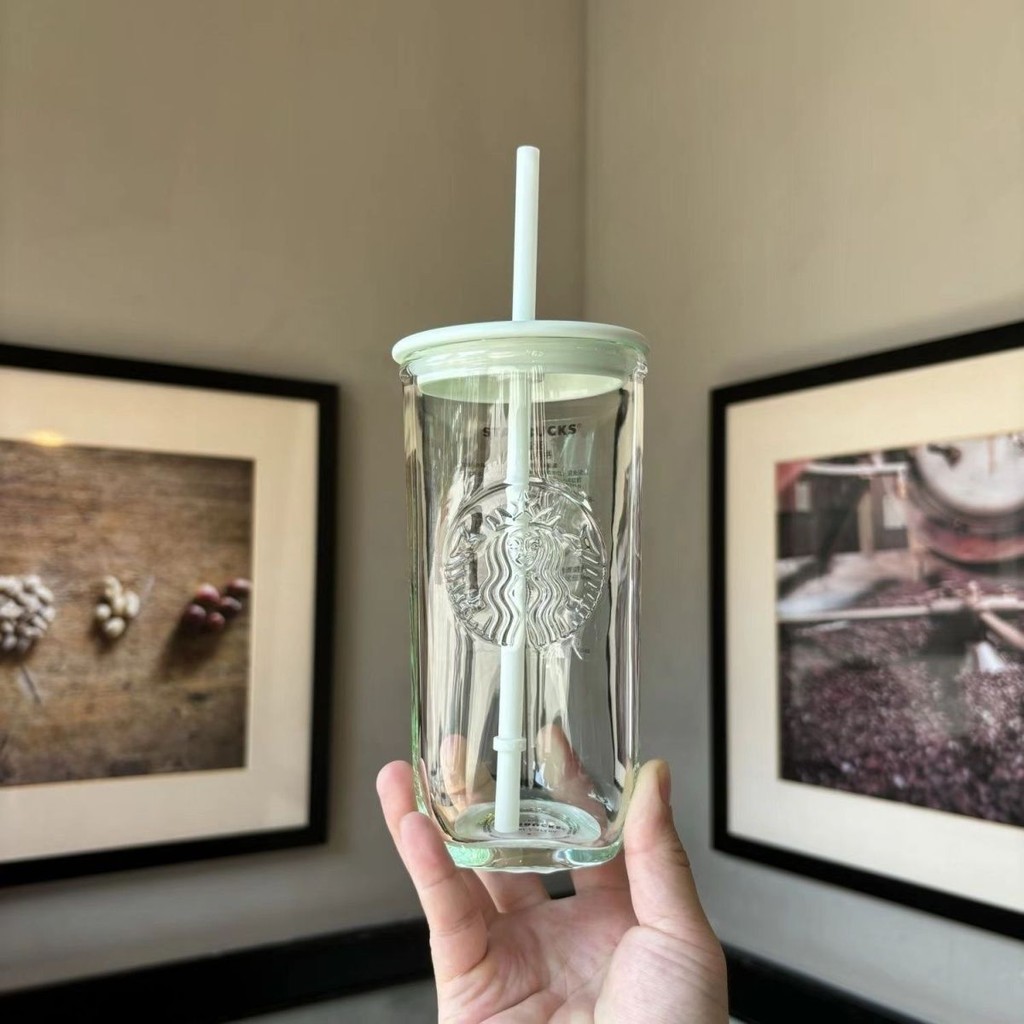 Ins Starbucks Cup ins Cup High-value Gradient Mint Green Triangle Glass Straw Goddess Simple Transparent Fresh 473 Water Cup