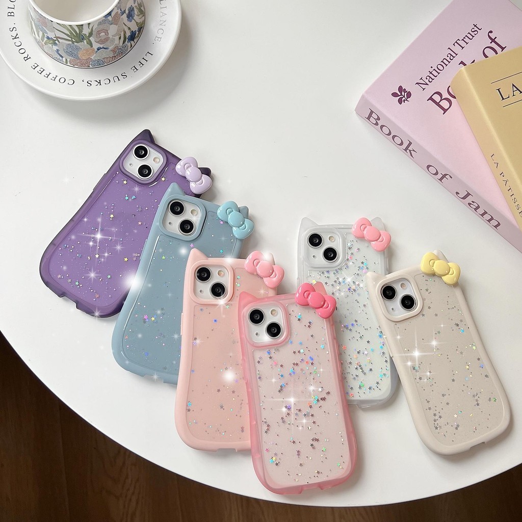 เคสโทรศัพท์กลิตเตอร์หยดหูแมว 3D อุปกรณ์เสริมโบว์น่ารัก เหมาะสําหรับเคสโทรศัพท์ IPhone 11, 12, 13, 14, 15 Pro Max Plus TPU