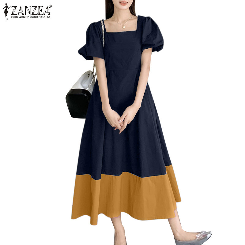 ZANZEA ใส่ ซานเซีย ผู้หญิงเกาหลีสีคมชัดสแควร์คอพัฟแขนชุดหลวม