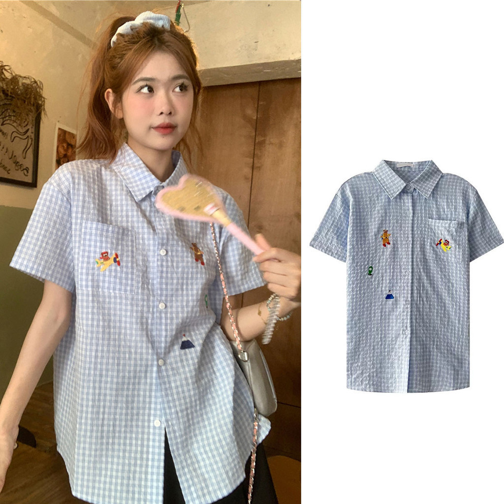 Dahong W439 เสื้อเชิ้ตแขนสั้นผู้หญิง คอปก  สีฟ้า สไตล์วินเทจ 💕เกาหลีเกาใจแฟชั่น
