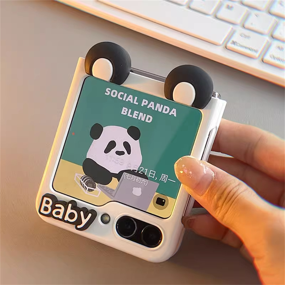 Luken เกาหลีน่ารัก 3D Panda หูเคสโทรศัพท์สําหรับ Samsung Galaxy Z Flip 6 5G OPPO ค้นหา N3 N2 Flip อะนิเมะน่ารัก Glossy ป้องกัน Hard Shell สําหรับ Z Flip 5/4/3