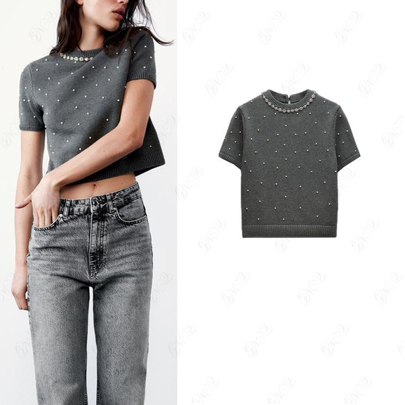 รอบคอแขนสั้น พลอยเทียม เทียมมุกถักเสื้อกันหนาว 9598017