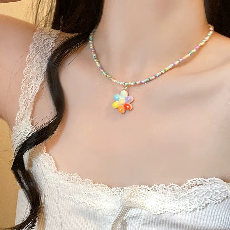 เกาหลีดอกไม้สีสันสดใสสร้อยคอลูกปัดหญิง ins ของขวัญวันเกิดนักเรียน y2k