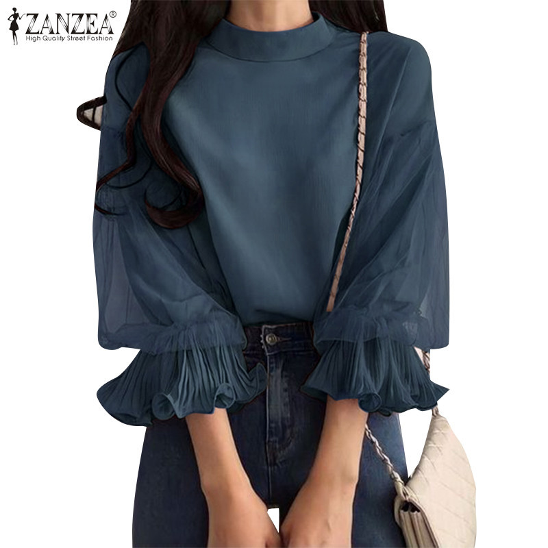 ZANZEA ซานเซีย ผู้หญิงเกาหลีลําลองยืนปกจีบแขนสามในสี่เสื้อ