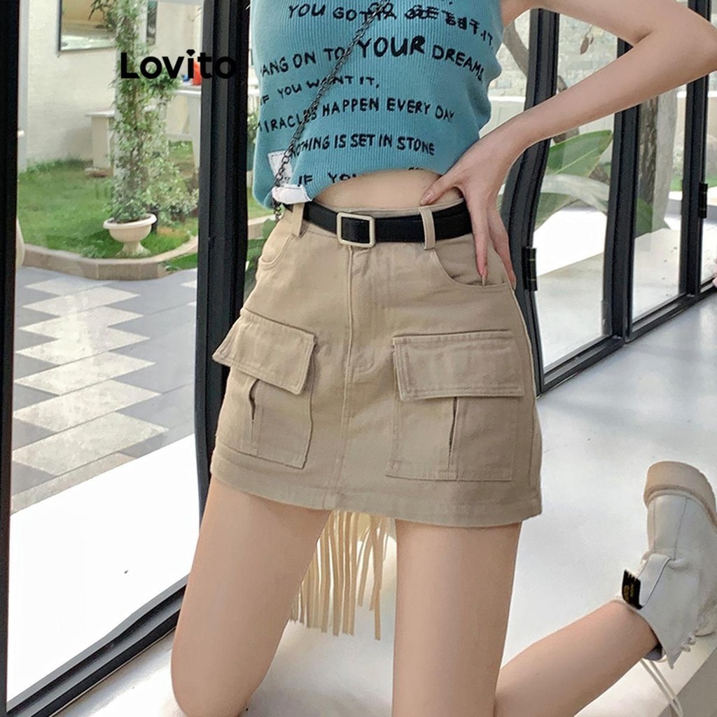 Lovito กระโปรงผู้หญิง แต่งกระเป๋า สีพื้น สไตล์ลำลอง LNE65076