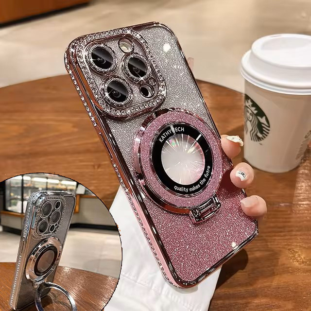 ใช้ดี ถูกที่สุด พับได้ เคสไอโฟน15 เคสใส่โทรศัพท์กลิตเตอร์ สำหรับ15 14 13 12 11 Pro Max เคสป้องกันแบบใสชุบมินิพร้อม