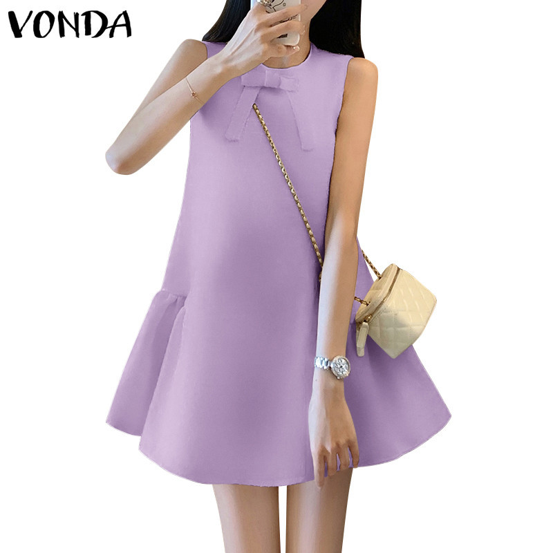 Vonda ผู้หญิงเกาหลีลําลองรอบคอแขนกุด Tie หลวมต้นขายาวชุด