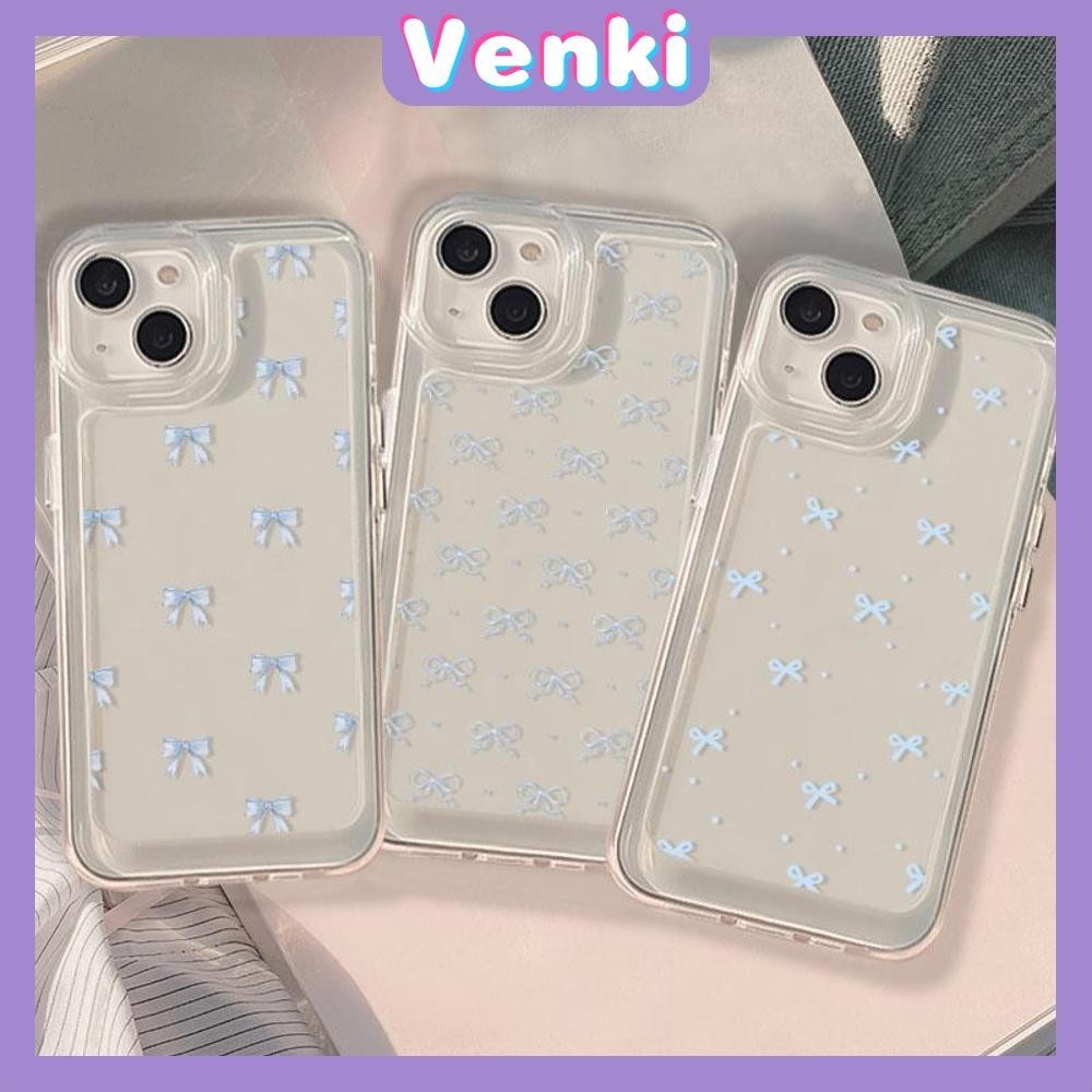 Venki -สำหรับ iPhone 15 Pro Max เคสใส TPU ปุ่มชุบไฟฟ้าอ่อนป้องกันกล้องกันกระแทก โบว์สีฟ้าน่ารัก เข้ากันได้กับ iPhone 14 13 12 11 XS XR 7Plus 8 Plus